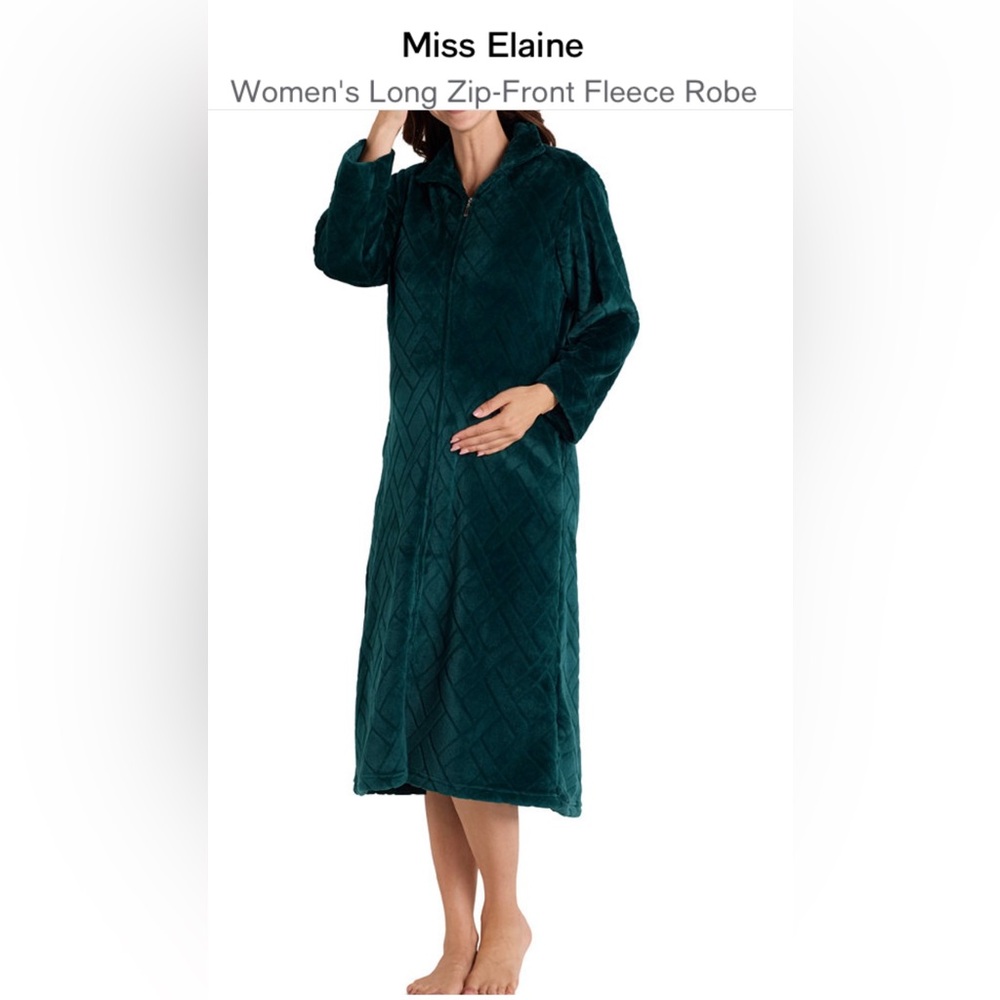 Miss Elaine Zip Robe Women Emerald Green Plush Quilted Fleece Long Loungewear M